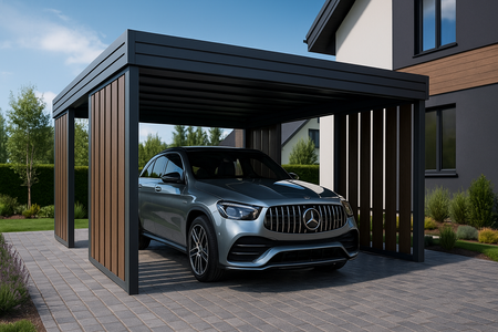 Carport für ein Auto – 4× Seitenwand Modern+, Farbton „Dunkle Eiche“, vertikal