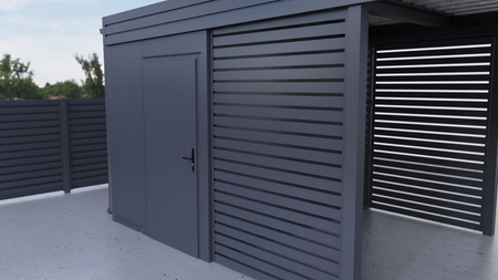 Wiata jednostanowiskowa + pomieszczenie gospodarcze z tyłu PIR - 4x ścianka palisada plus