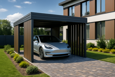 Carport für ein Auto – 4× Seitenwand Modern+, Farbton „Dunkle Eiche“, vertikal