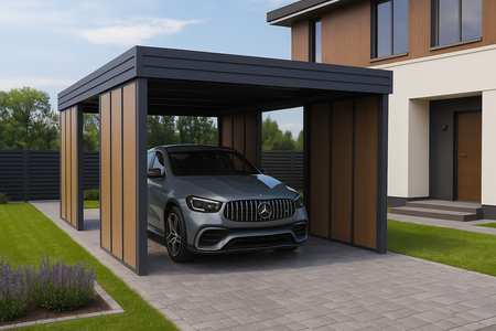 Carport für ein Auto – 4× modulare Wand Goldene Eiche Senkrecht