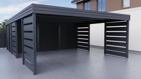Doppelcarport + Abstellraum auf der Rückseite - Wellblech- 4x Modern+ Wand