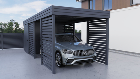 Jediný přístřešek pro auto + technická místnost v zadní části PIR - 4x palisádová stěna