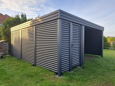 Wiata + pomieszczenie gospodarcze z boku FALA - 2x ścianka żaluzja premium