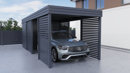 Wiata jednostanowiskowa + pomieszczenie gospodarcze z tyłu PIR - 4x ścianka palisada plus