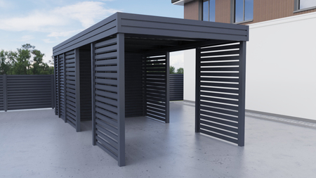 Einzelcarport + Abstellraum auf der Rückseite - Wellblech- 4x Palisade Wand