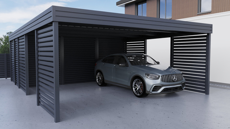 Dvojitý přístřešek pro auto + technická místnost v zadní části FALA - 4x palisádová stěna
