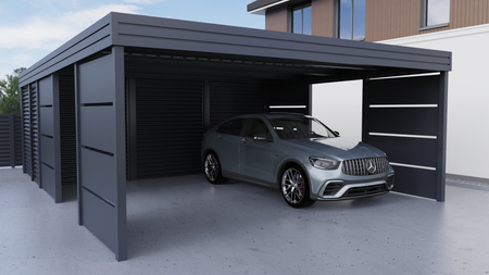 Wiata dwustanowiskowa + pomieszczenie gospodarcze z tyłu FALA - 4x ścianka modułowa