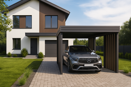 Carport für ein Auto – 4× Seitenwand Modern+, Farbton „Dunkle Eiche“, vertikal