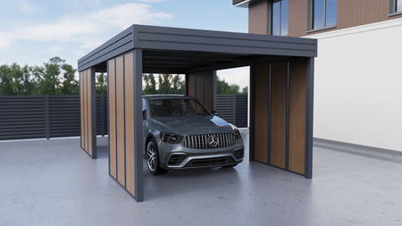 Carport für ein Auto – 4× modulare Wand Goldene Eiche Senkrecht