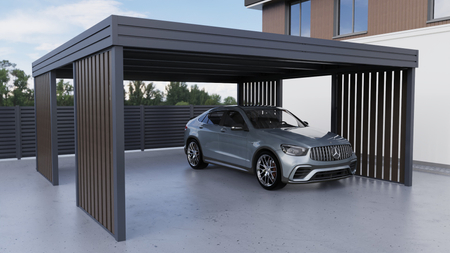 Přístřešek pro dvě auta – 4× stěna Palisáda Tmavý dub svislá