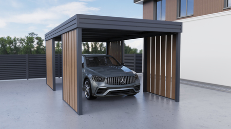 Carport für ein Auto – 4× Seitenwand Modern+, Farbton Goldene Eiche, vertikal