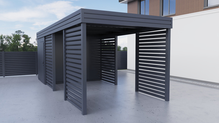 Einzelcarport + Abstellraum auf der Rückseite PIR - 4x Palisade Wand