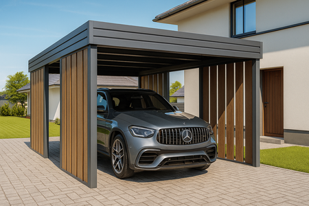 Carport für ein Auto – 4× Seitenwand Modern+, Farbton Goldene Eiche, vertikal