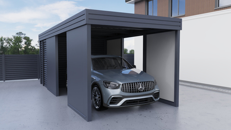 Einzelcarport + Abstellraum auf der Rückseite - Wellblech - 4x PIR Wand