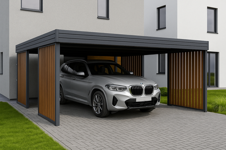 Přístřešek pro dvě auta – 4× stěna Palisáda Zlatý dub svislá