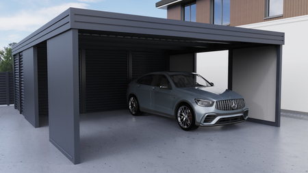 Doppelcarport + Abstellraum auf der Rückseite - Wellblech - 4x PIR Wand