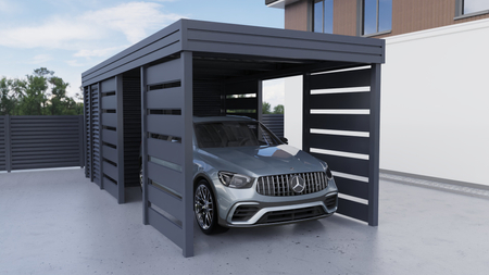 Einzelcarport + Abstellraum auf der Rückseite - Wellblech - 4x Modern+ Wand