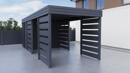 Einzelcarport + Abstellraum auf der Rückseite - Wellblech - 4x Modern+ Wand