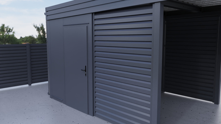 Wiata jednostanowiskowa + pomieszczenie gospodarcze z tyłu PIR - 4x ścianka żaluzja premium