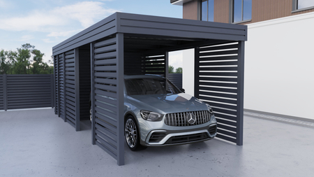 Einzelcarport + Abstellraum auf der Rückseite - Wellblech- 4x Palisade Wand