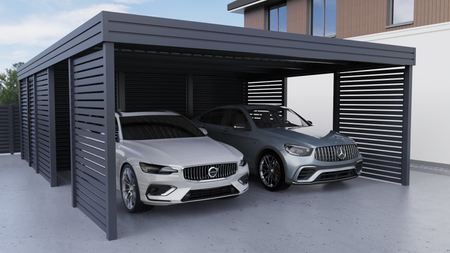 Dvojitý přístřešek pro auto + technická místnost v zadní části FALA - 4x palisádová stěna plus
