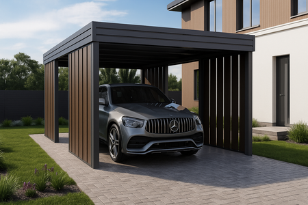 Carport für ein Auto – 4× Seitenwand Modern+, Farbton „Dunkle Eiche“, vertikal