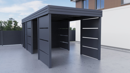Einzelcarport + Abstellraum auf der Rückseite - Wellblech - 4x Modularwand