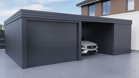 Wiata z pomieszczeniem gospodarczym i zintegrowanym garażem z osłoną roletową - zabudowa typu PIR