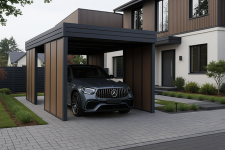 Carport für ein Auto – 4× modulare Wand Goldene Eiche Senkrecht