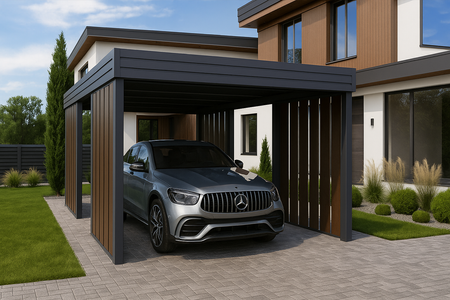 Carport für ein Auto – 4× Seitenwand Modern+, Farbton „Dunkle Eiche“, vertikal