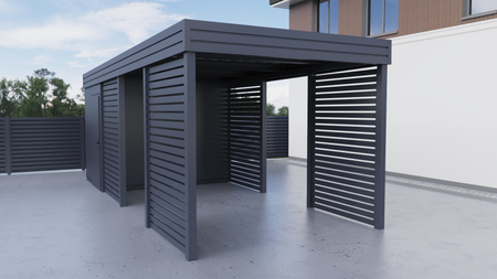 Wiata jednostanowiskowa + pomieszczenie gospodarcze z tyłu PIR - 4x ścianka palisada plus