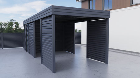  Einzelcarport + Abstellraum auf der Rückseite - Wellblech- 4x Jalousie Premium Wand