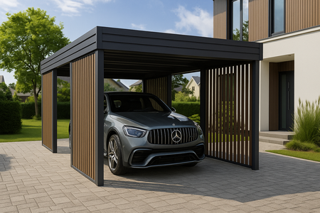 Einzel-Carport – 4× vertikale Lamellenwände – Goldene Eiche