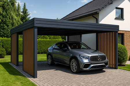 Přístřešek pro dvě auta – 4× stěna Palisáda Zlatý dub svislá