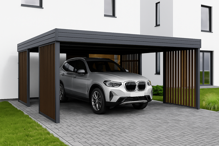 Přístřešek pro dvě auta – 4× stěna Palisáda Tmavý dub svislá