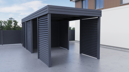 Einzelcarport + Abstellraum auf der Rückseite - Wellblech- 4x Jalousie Wand