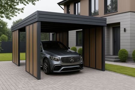 Carport für ein Auto – 4× modulare Wand Goldene Eiche Senkrecht