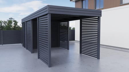 Einzelcarport + Abstellraum auf der Rückseite - Wellblech- 4x Palisade+ Wand