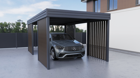Garážový přístřešek pro jedno auto – 4x stěna Palisáda TMAVÝ DUB Svisle