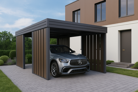 Wiata garażowa na jedno auto - 4x ścianka Modern+ CIEMNY DĄB Pion