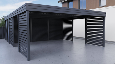 Doppelcarport + Abstellraum auf der Rückseite - Wellblech- 4x Palisade Wand