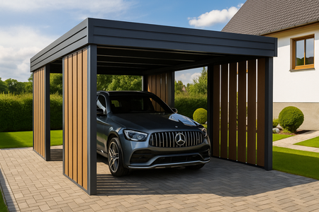 Carport für ein Auto – 4× Seitenwand Modern+, Farbton Goldene Eiche, vertikal