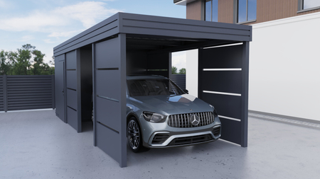 Jediný přístřešek pro auto + technická místnost v zadní části PIR - 4x modulová stěna