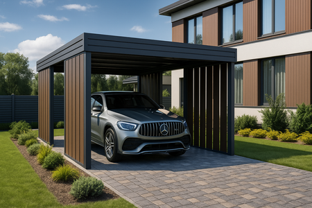Carport für ein Auto – 4× Seitenwand Modern+, Farbton „Dunkle Eiche“, vertikal